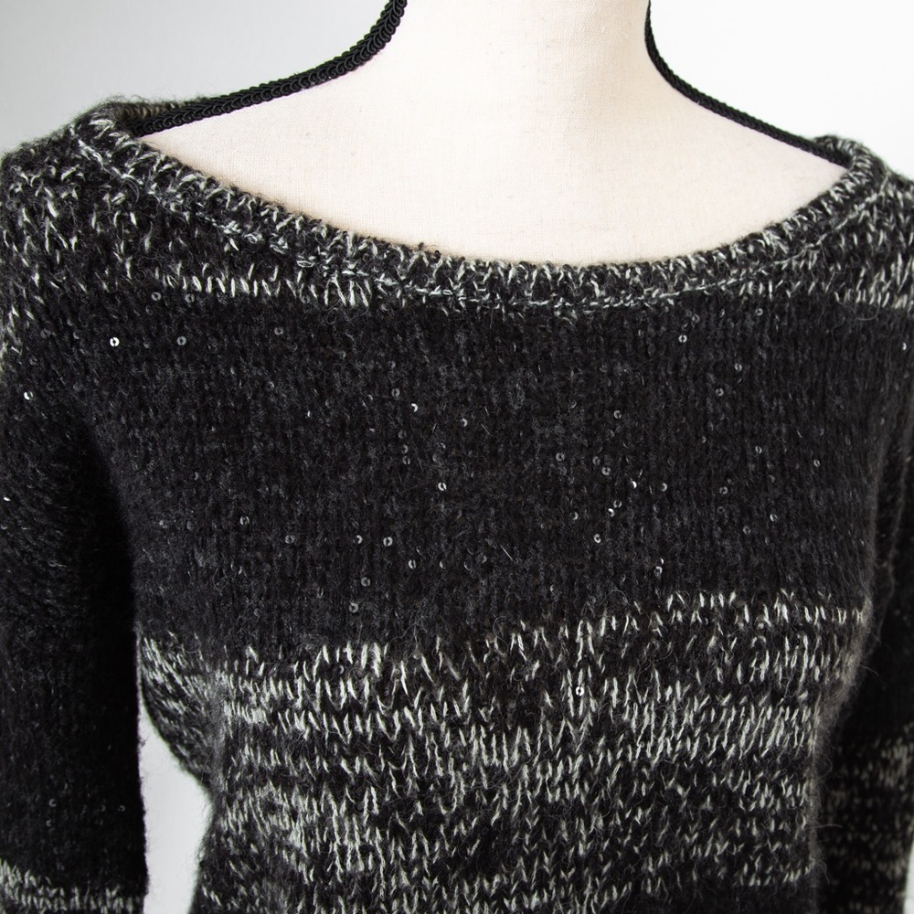 Wool & alpaca blend black & cream tweed striped sweater with sequins by Loft S